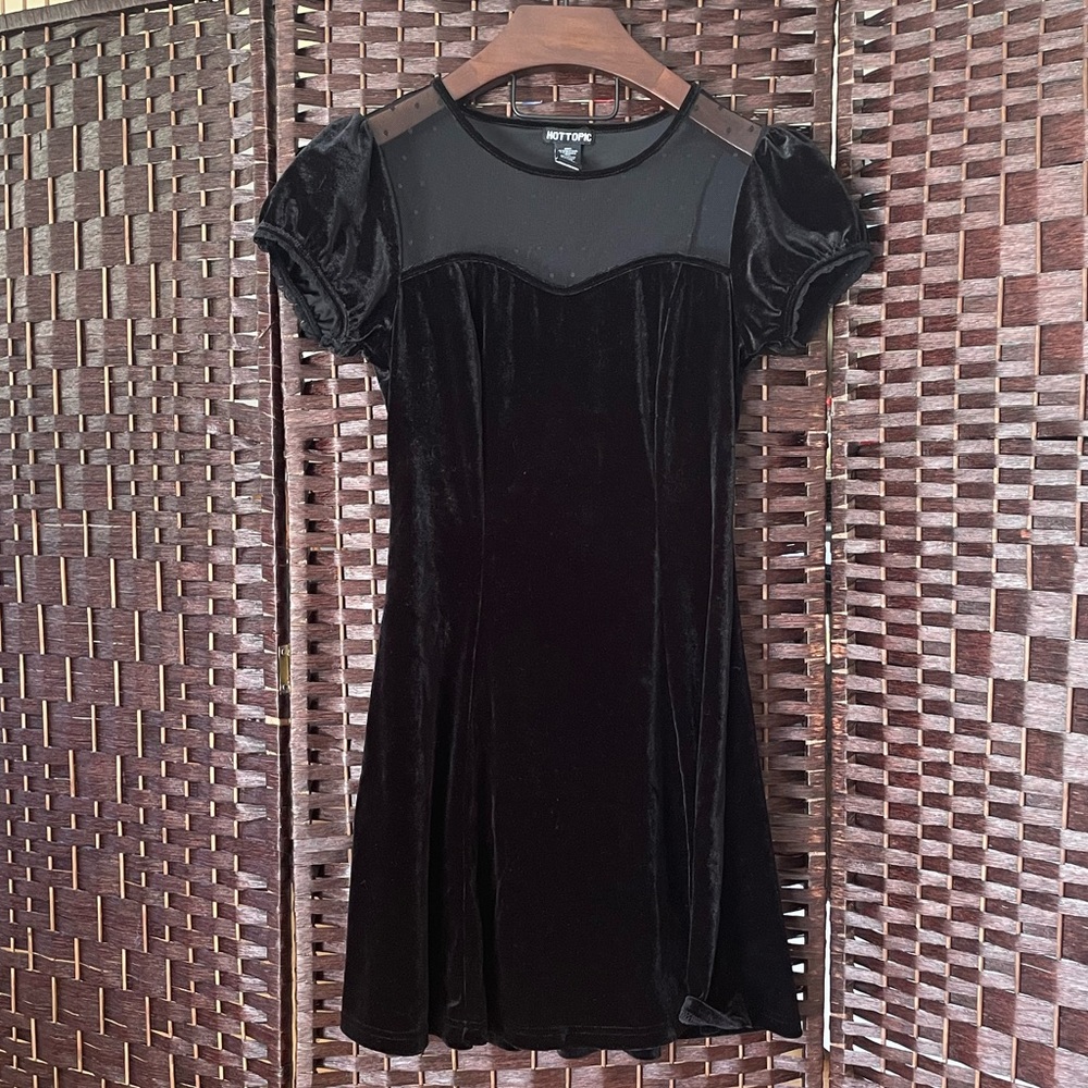 Black Velvet Swiss Dot Yoke Dress Stretchy Spandex - Size Womens Small